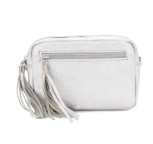 Gemma Italian Leather Metallic Camera-Style Bag with Tassels - Silver