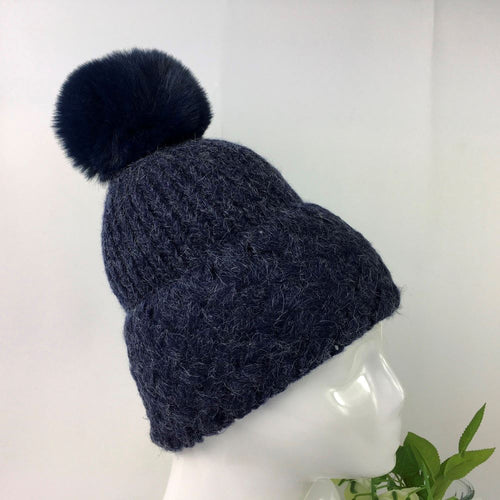 Textured Knit Pom Pom Hat - Navy Blue