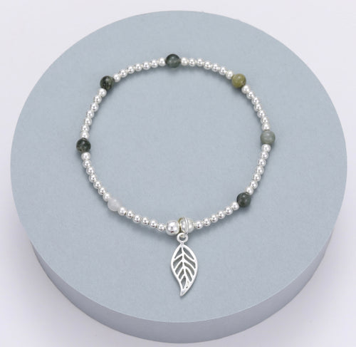 Gracee Silver Beaded Stretch Bracelet with a Leaf Charm