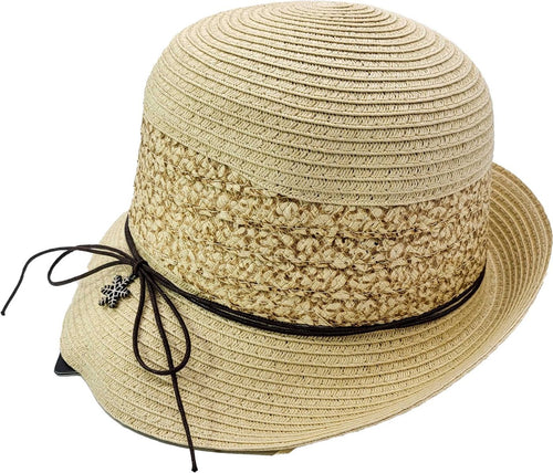 Textured Summer Hat with Straw  Ribbon - Beige