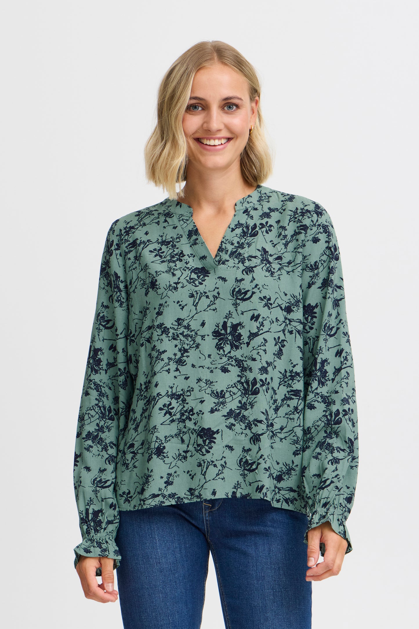 Fransa Flowy Printed Blouse - Sage Green