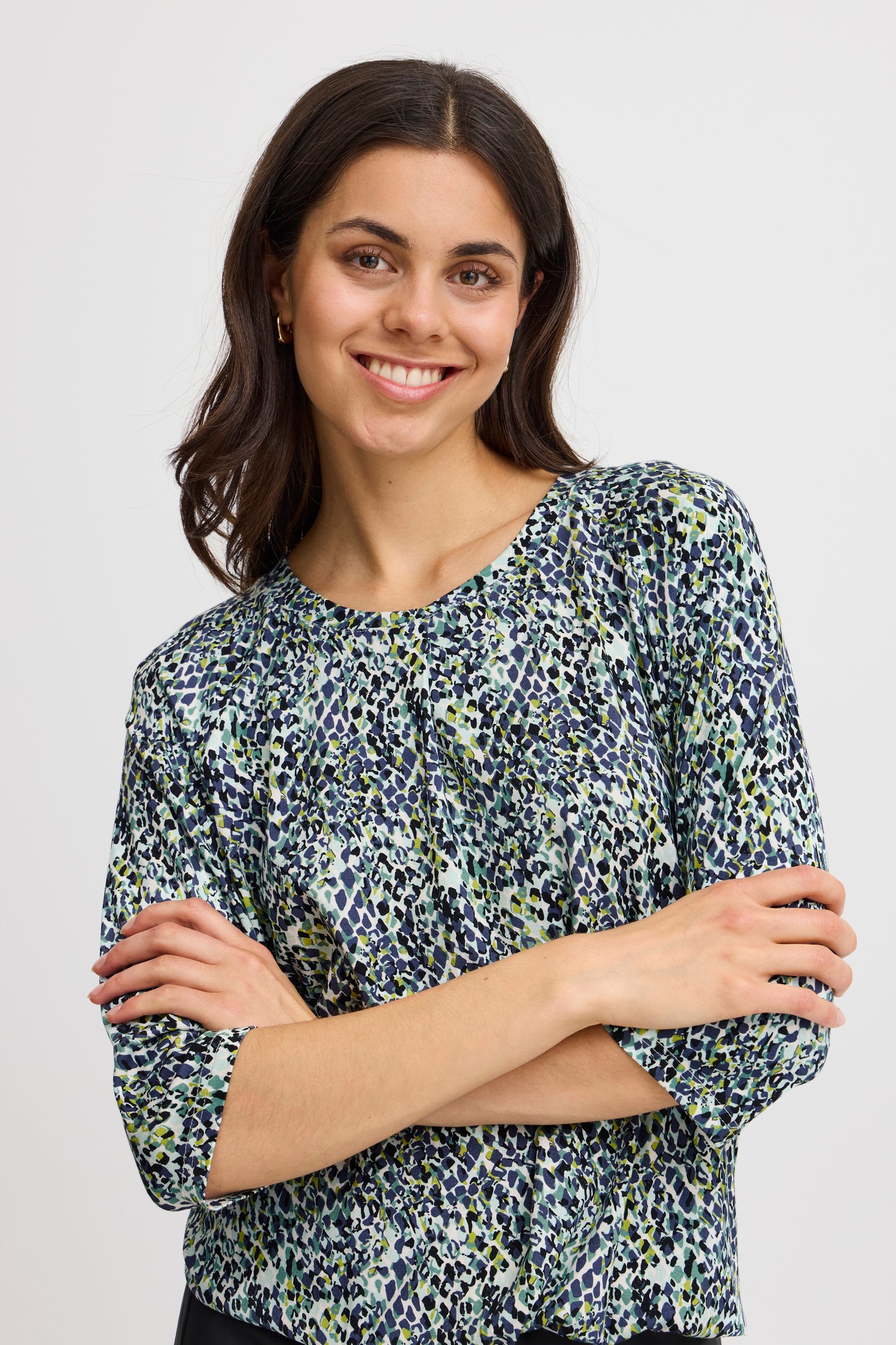 Fransa Flora Printed Top - Green/ Blue Diamond