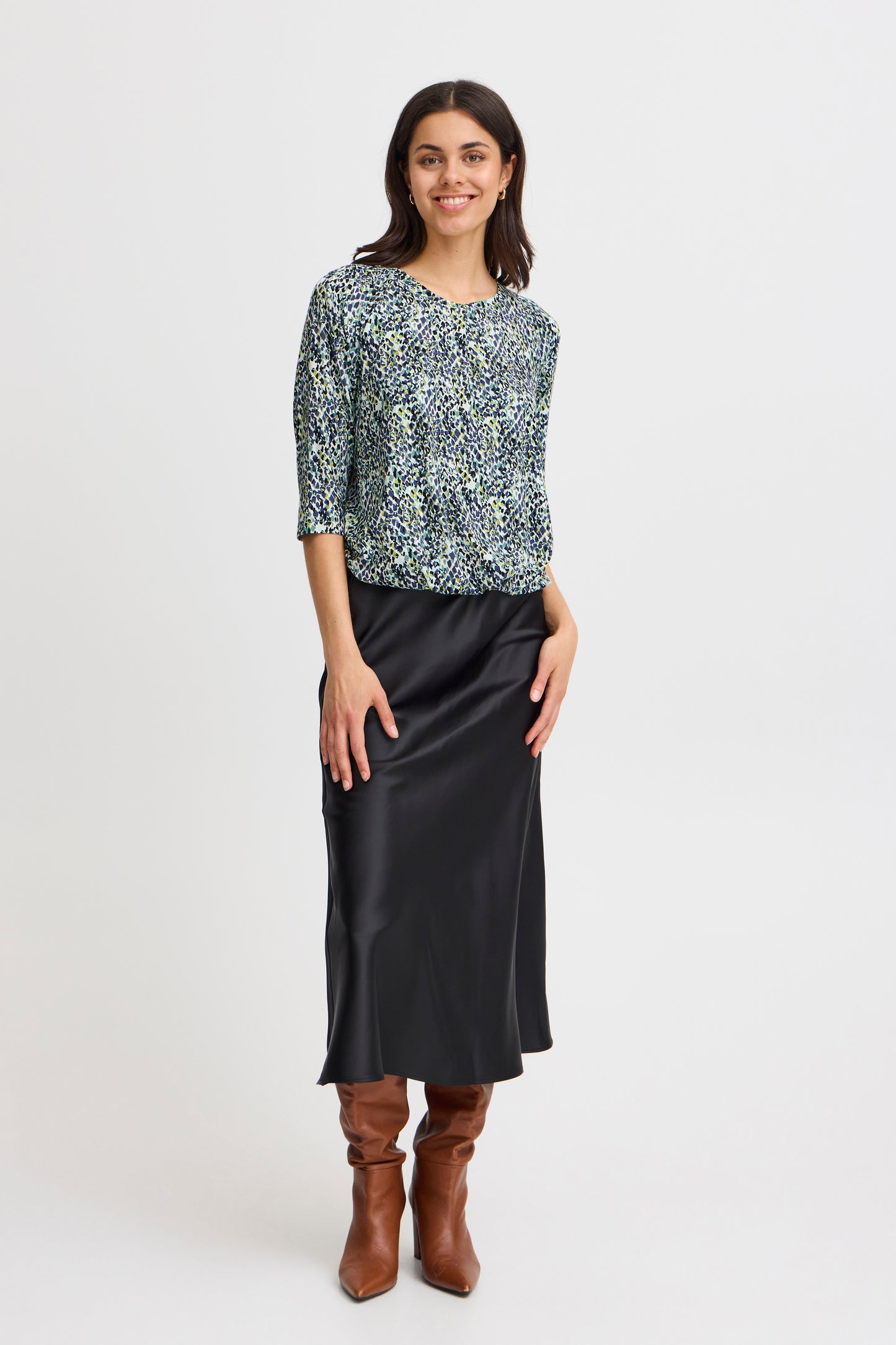 Fransa Flora Printed Top - Green/ Blue Diamond