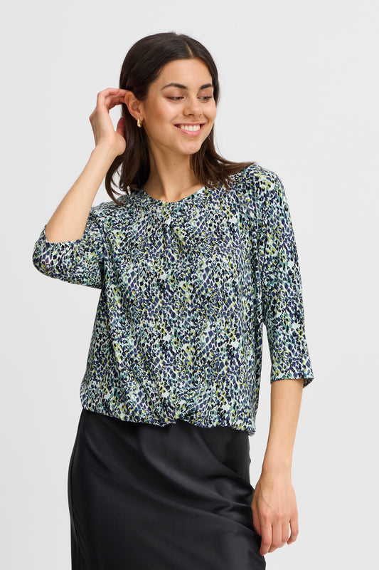 Fransa Flora Printed Top - Green/ Blue Diamond