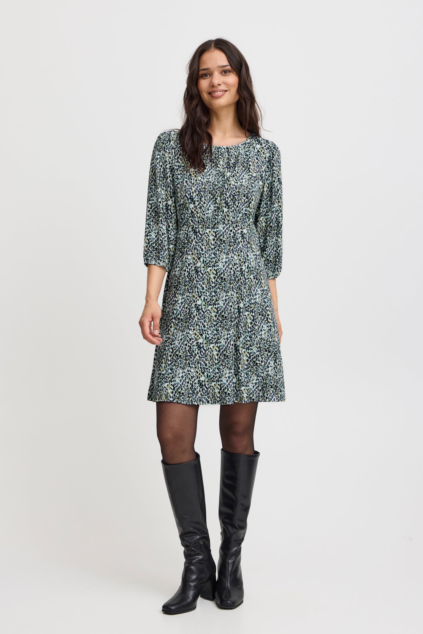 Fransa Flora Printed Dress - Green/ Blue Diamond