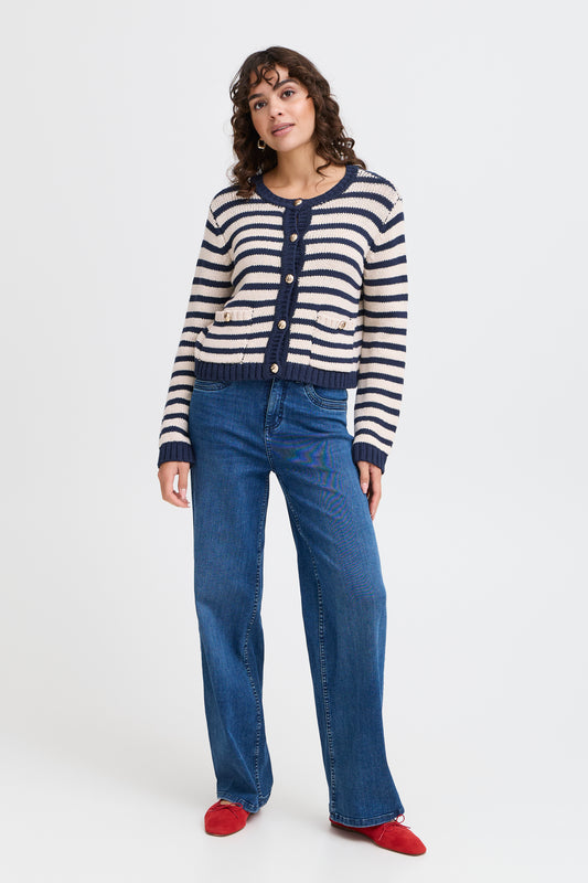 Fransa Belinda Cotton Blend Knitted Jacket - Navy Stripe