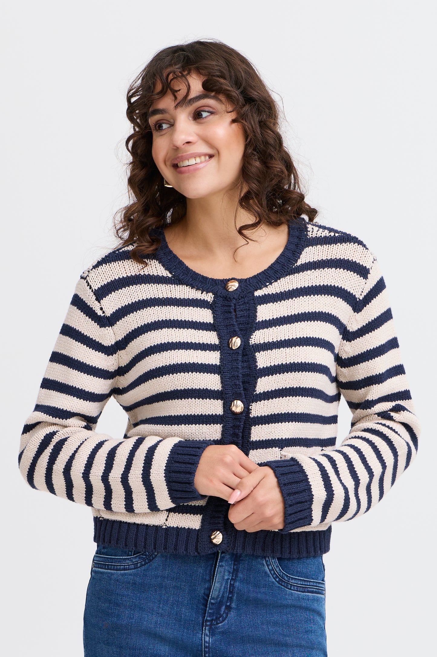 Fransa Belinda Cotton Blend Knitted Jacket - Navy Stripe