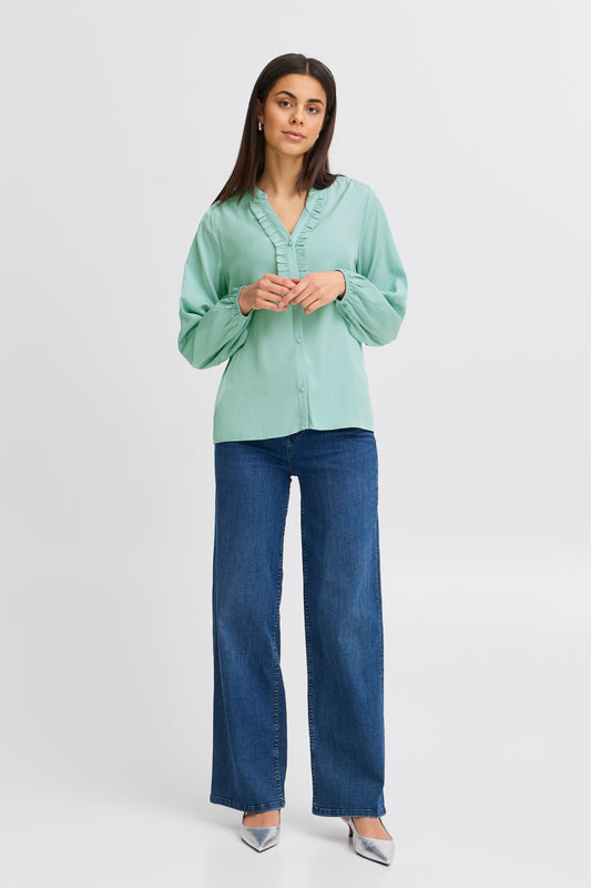 Fransa Diana Frill Blouse - Aqua Blue