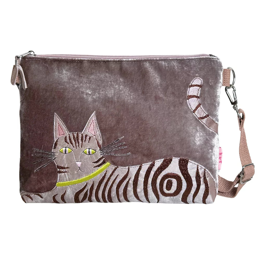 Lua Velvet Tabby Cat Cross Body Bag - Mink