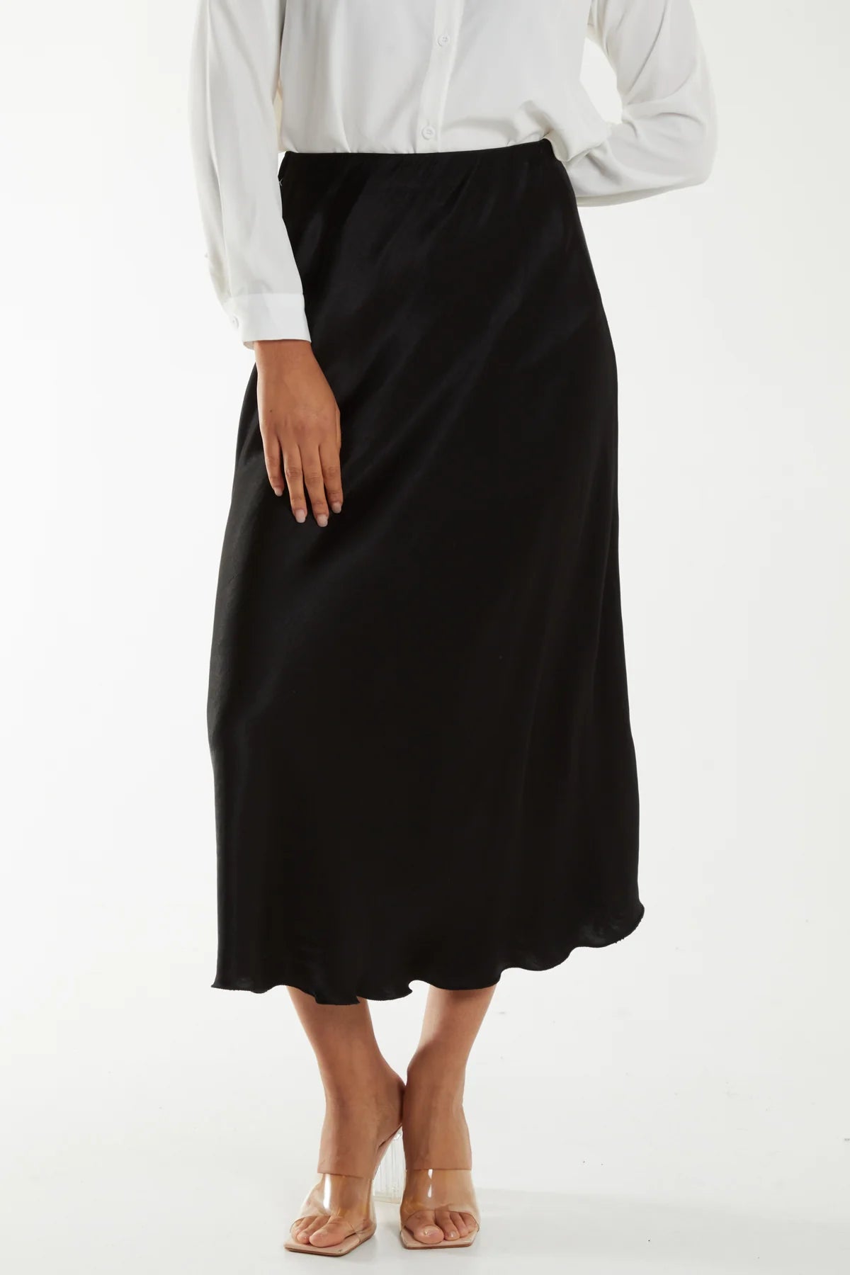 Italian One Size Satin Midi Skirt - Black