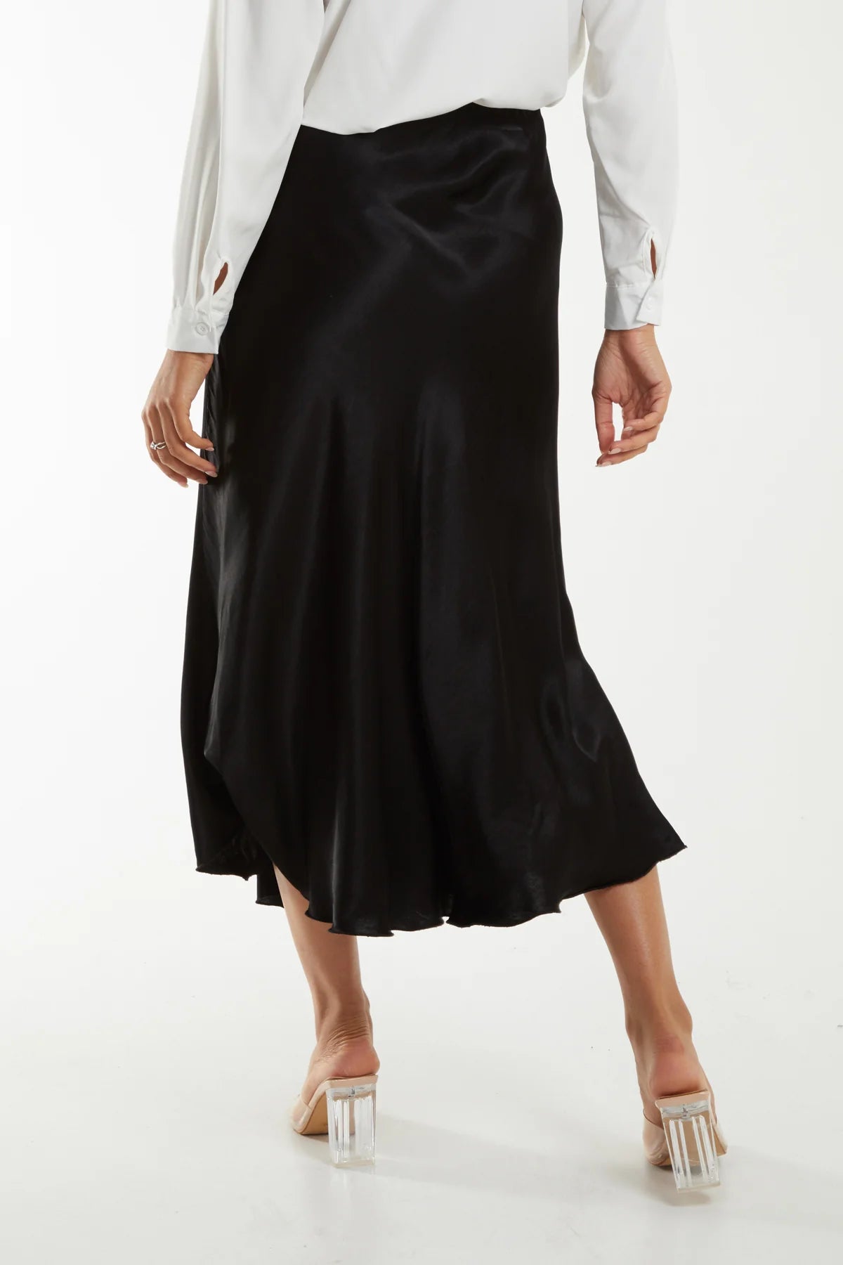 Italian One Size Satin Midi Skirt - Black