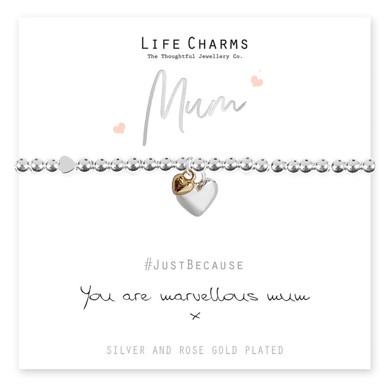 Life Charms Silver Plated Beaded Stretch Bracelet with Heart Charms - Marvellous Mum