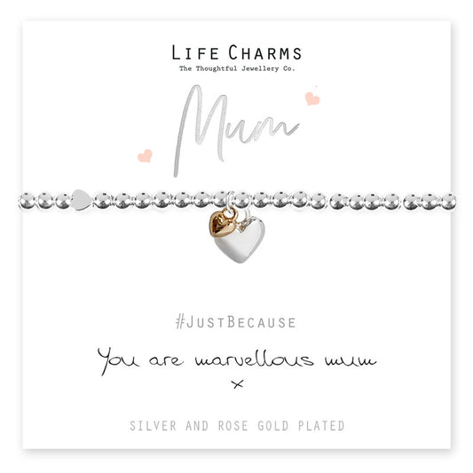 Life Charms Silver Plated Beaded Stretch Bracelet with Heart Charms - Marvellous Mum