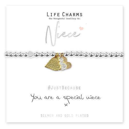 Life Charms Silver Plated Beaded Stretch Bracelet with Gold Heart Charm - Special Niece