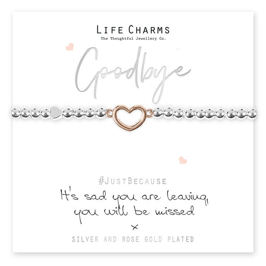 Life Charms Silver Plated Stretch Bracelet with Rose Gold Heart - Goodbye