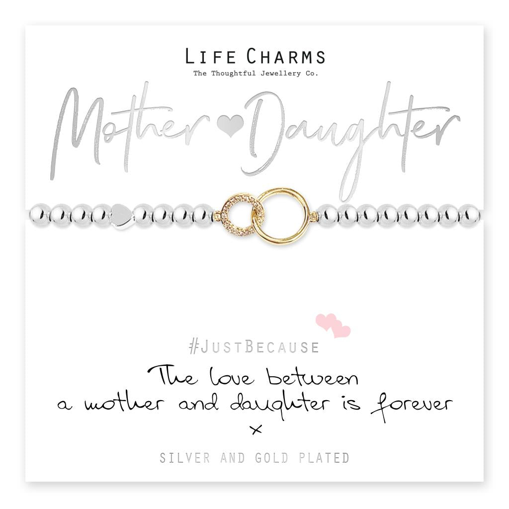 Life Charms Silver Plated Beaded Stretch Bracelet - Mother & Daughter