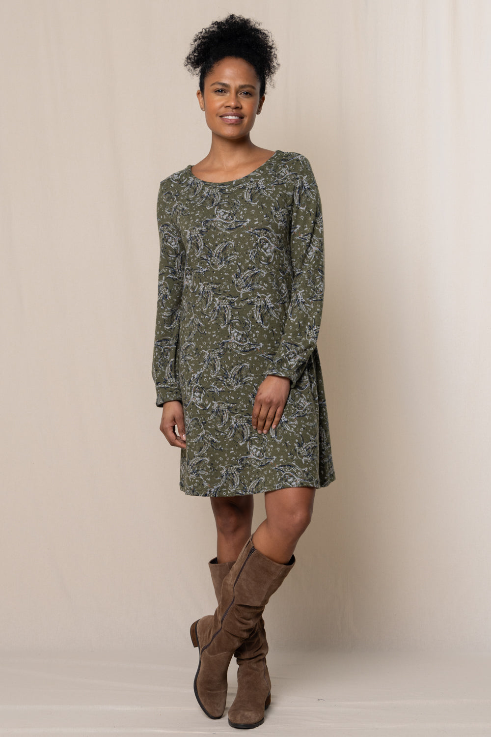 Lily & Me Sage Swing Dress Painterly Print - Olive Green