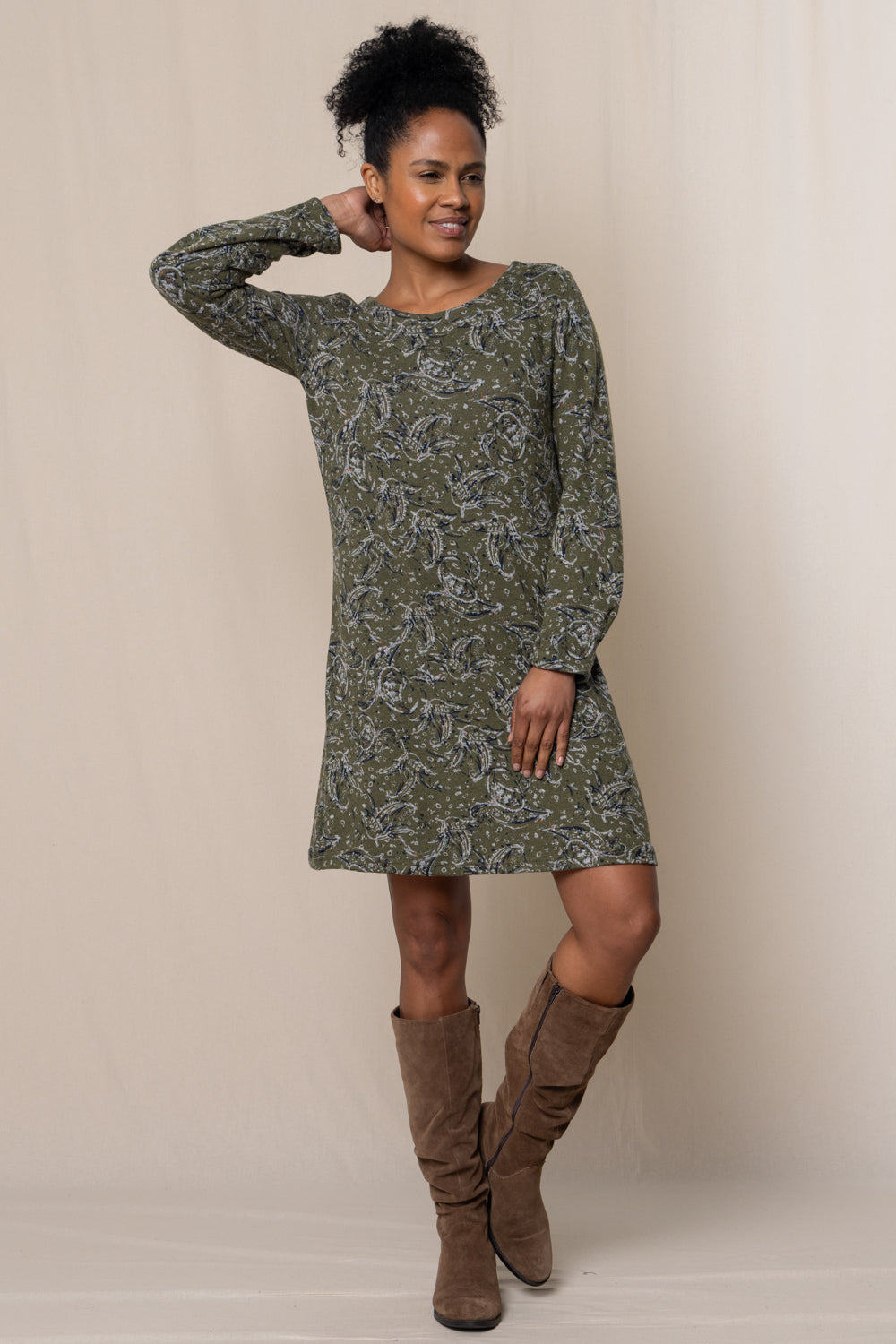 Lily & Me Sage Swing Dress Painterly Print - Olive Green