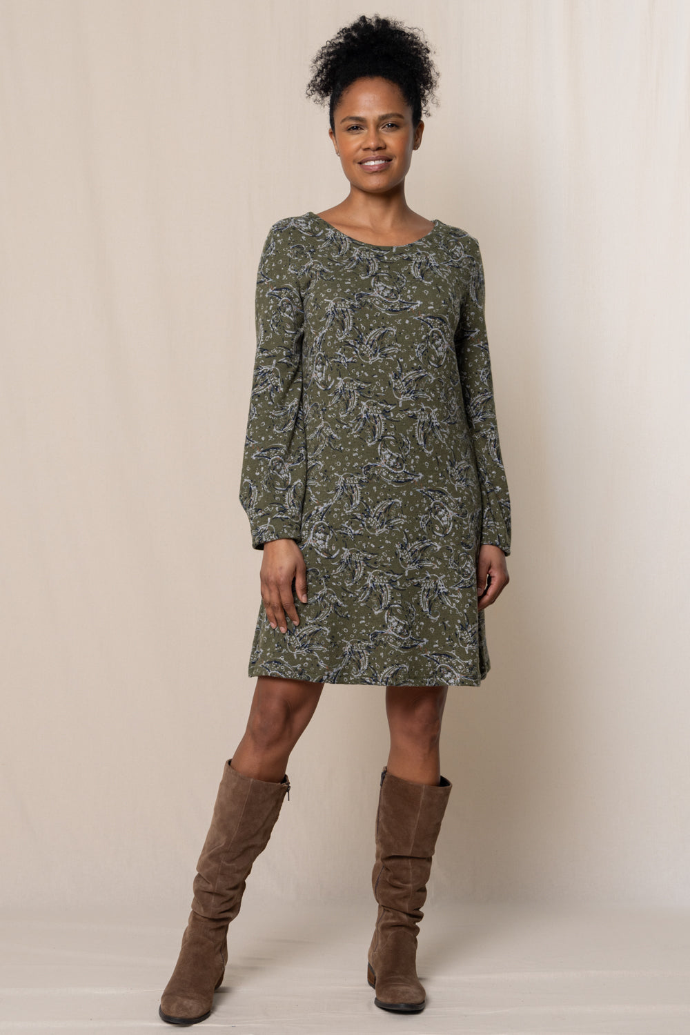 Lily & Me Sage Swing Dress Painterly Print - Olive Green