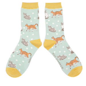 Miss Sparrow Bamboo Cats and Spots Socks - Duck Egg