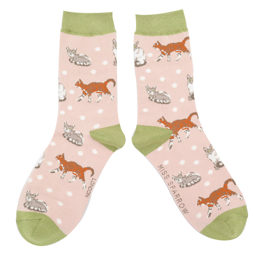 Miss Sparrow Bamboo Cats and Spots Socks - Dusky Pink