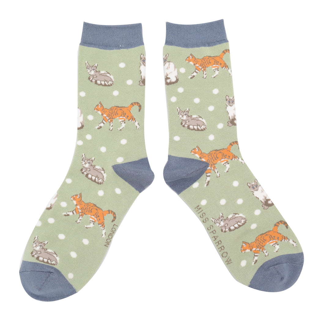 Miss Sparrow Bamboo Cats and Spots Socks - Sage