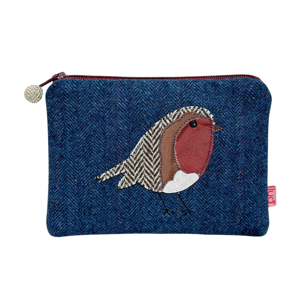 Lua Herringbone Tweed Robin Appliqué Coin Purse – Blue