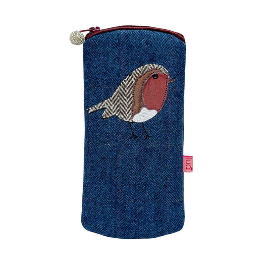 Lua Herringbone Tweed Appliqué Glasses Pouch - Blue