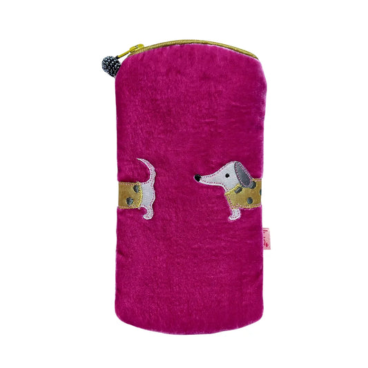 Lua Velvet Sausage Dog Appliqué Glasses Pouch -  Fuchsia pink