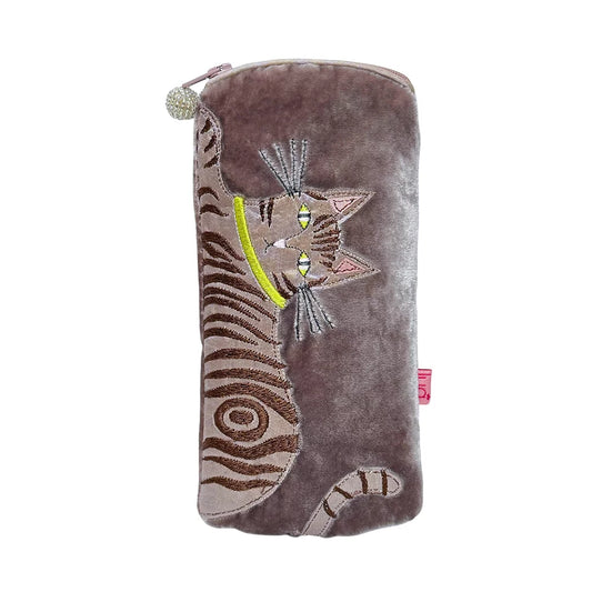 Lua Velvet Tabby Cat Appliqué Glasses Pouch - Mink