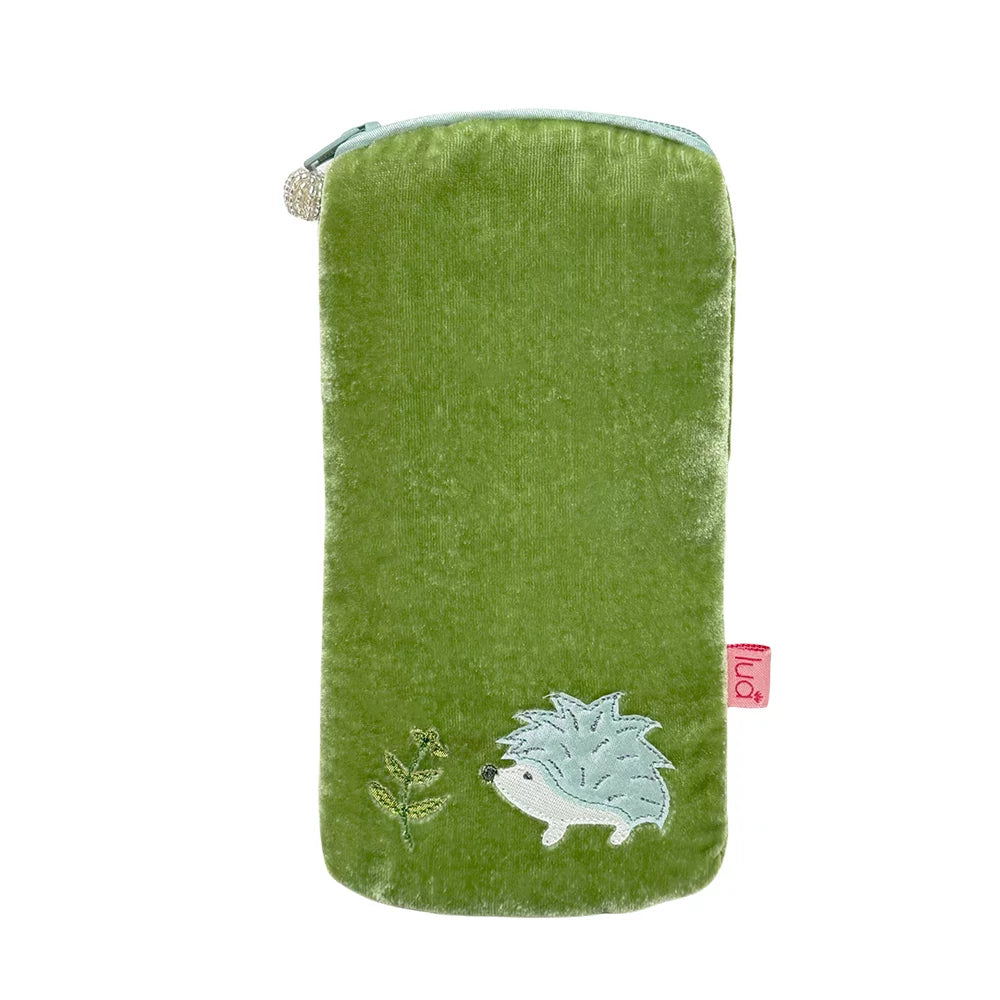 Lua Velvet Hedgehog Appliqué Glasses Pouch - Green