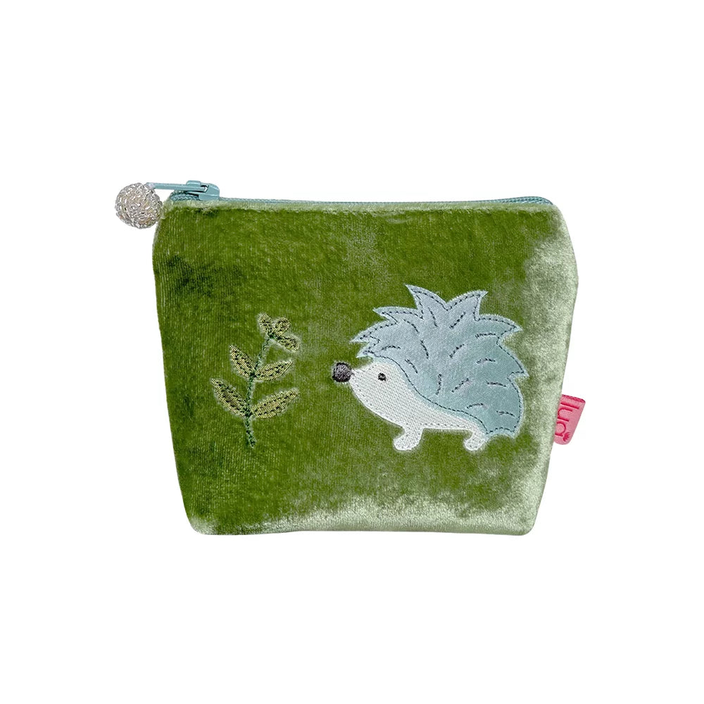 Lua Velvet Hedgehog Appliqué Coin Purse – Green