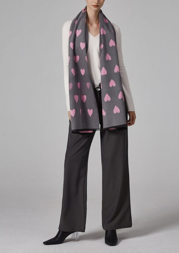 Heart Print Luxury Winter Wrap - Grey/Pink