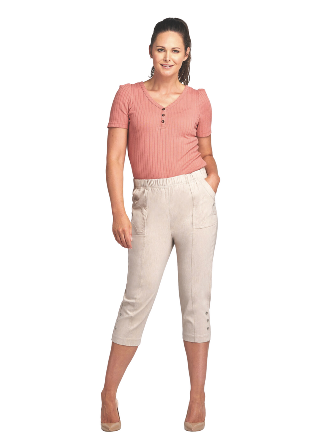 Pinns Cropped Trousers with Button Detail - Marl Stone