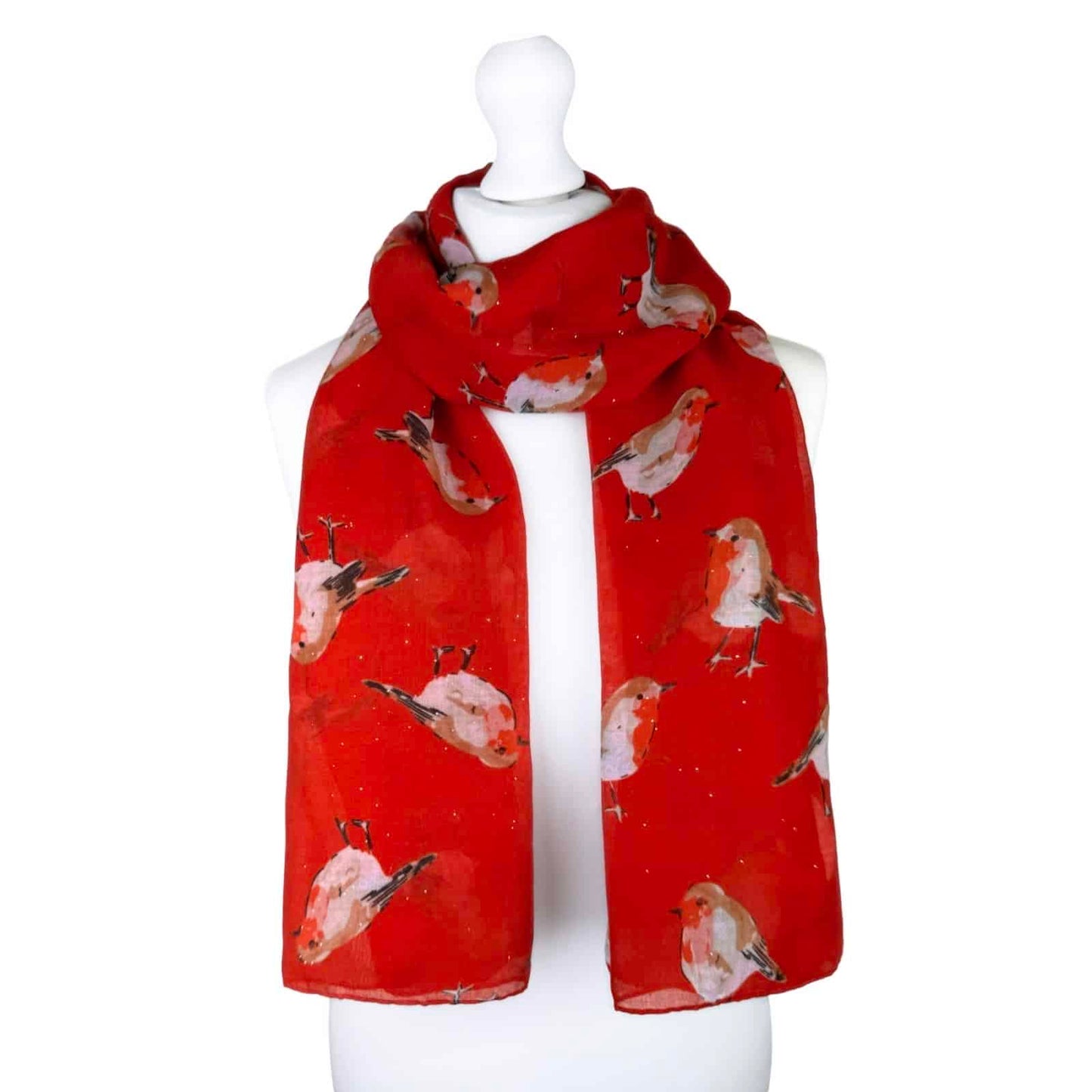 Robin Print Sheer Glitter Scarf- Red