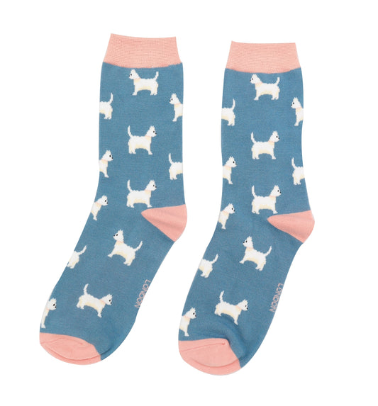 Miss Sparrow Bamboo Cute Scottie Dogs Socks - Denim