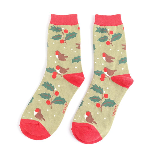 Miss Sparrow Bamboo Socks Robins and Holly - Green