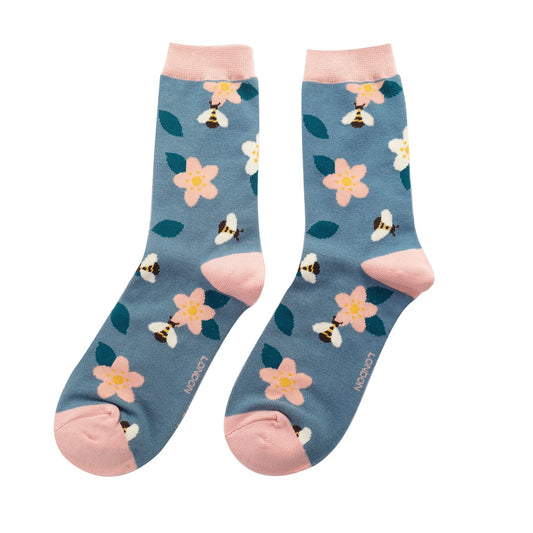 Miss Sparrow Bamboo Bees and Flowers Socks - Denim Blue