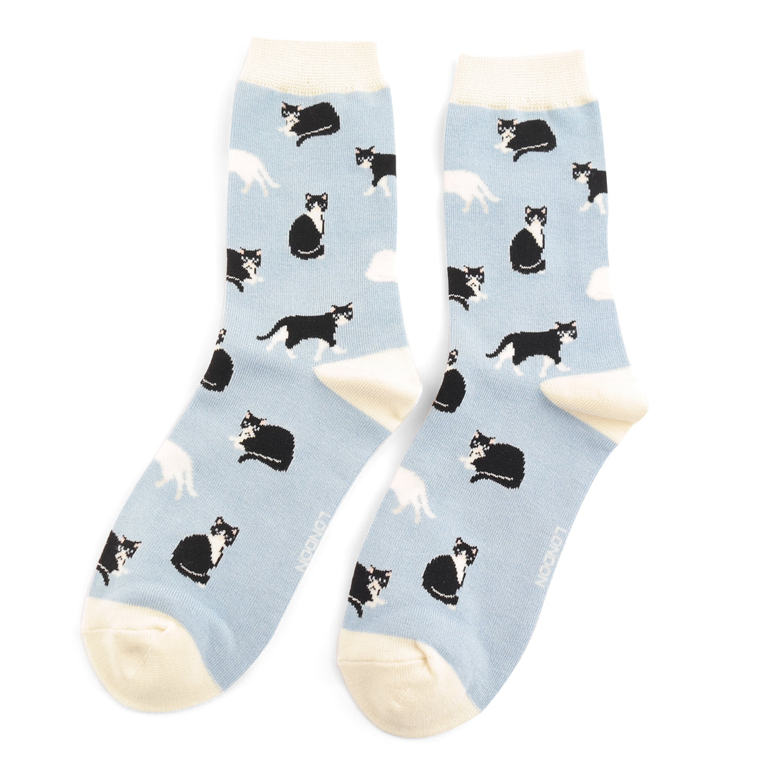 Miss Sparrow Bamboo Black and White Cats Socks - Blue