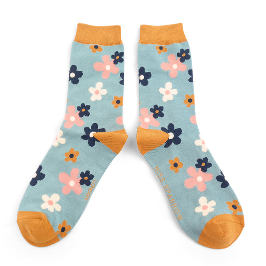 Miss Sparrow Bamboo Cute Daisy Socks - Duck Egg