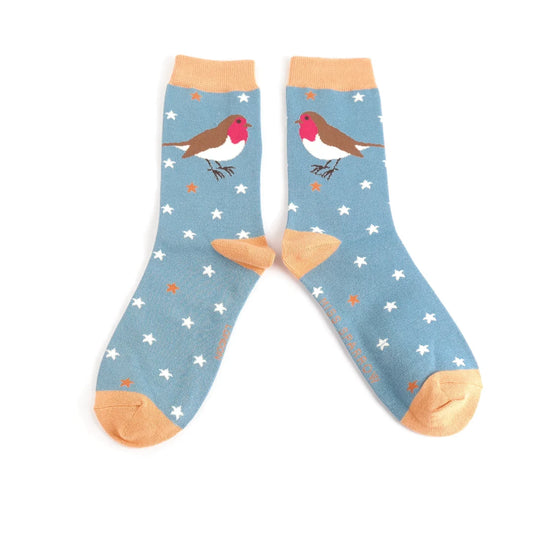 Miss Sparrow Bamboo Socks Festive Robins - Denim Blue