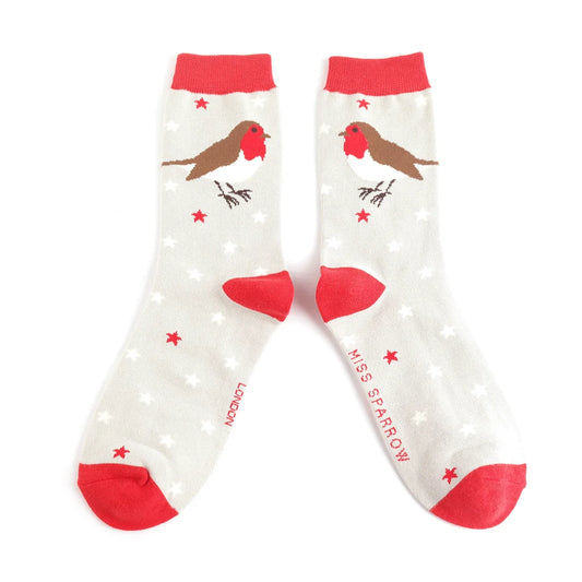 Miss Sparrow Bamboo Socks Festive Robins - Silver