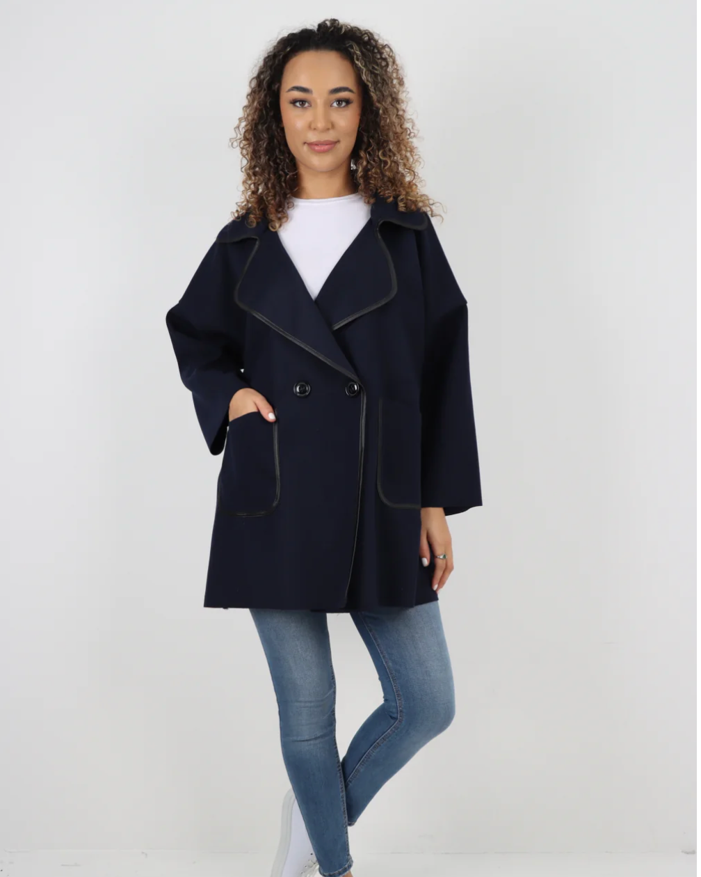 Italian One Size Button Cape Coat - Navy