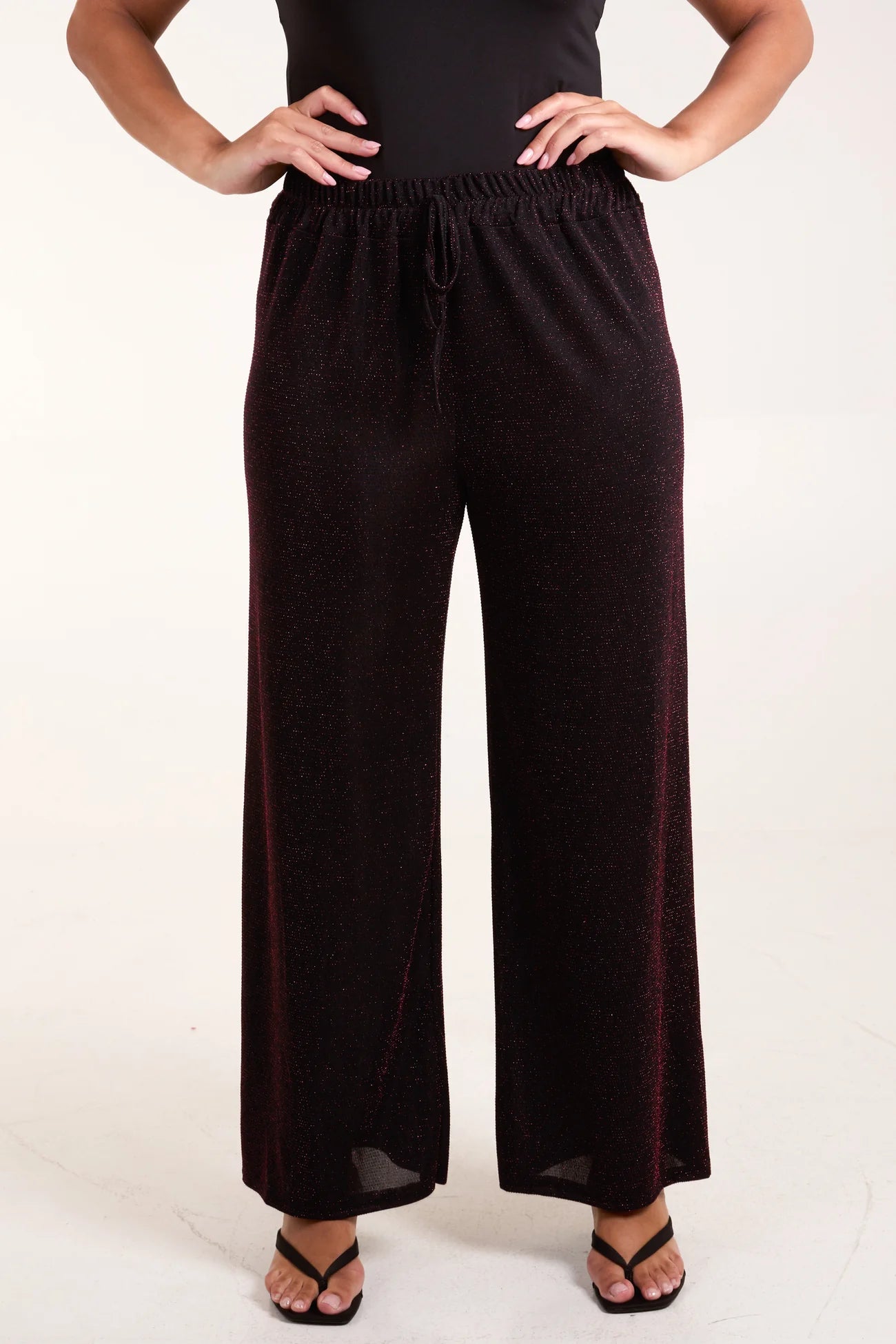 Italian One Size Shimmer Wide Leg Trousers - Wine