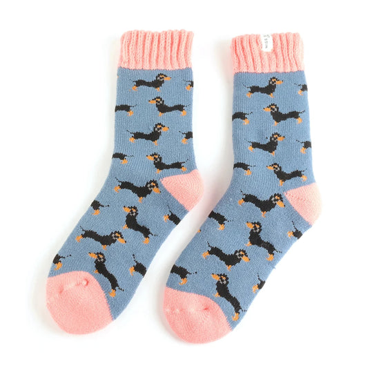 Miss Sparrow Fleecy Lined Sausage Dogs Socks - Denim blue