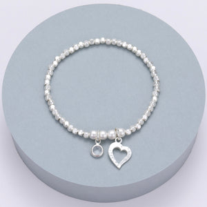 Gracee Silver Beaded Stretch Bracelet with Heart and Crystal Charms