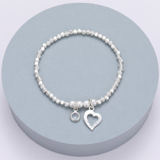 Gracee Silver Beaded Stretch Bracelet with Heart and Crystal Charms
