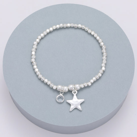 Gracee Silver Beaded Stretch Bracelet with Star and Crystal Charms
