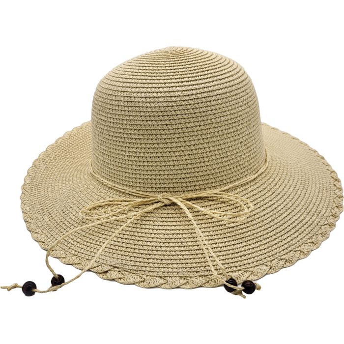 Wide Brimmed Summer Hat with straw bow - Cream