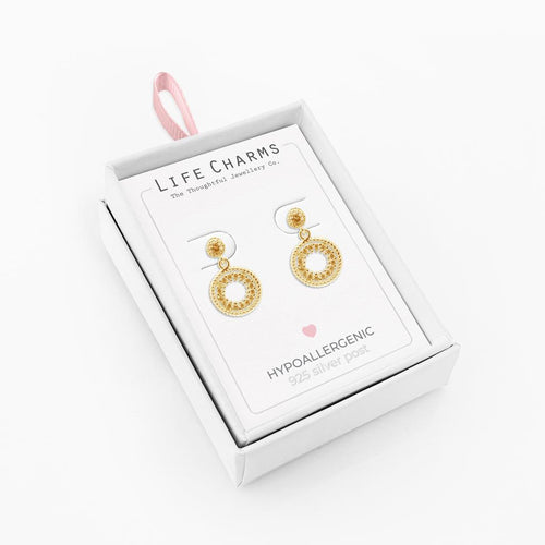Life Charms Round Drops Gold Earrings